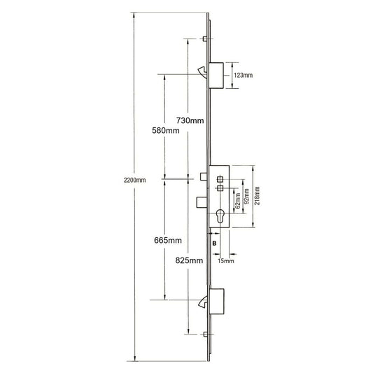 Latch Deadbolt 2 Hooks 2 Rollers Double Spindle Multipoint Door Lock (top roller to spindle = 730mm) - Shootbolt Compatible