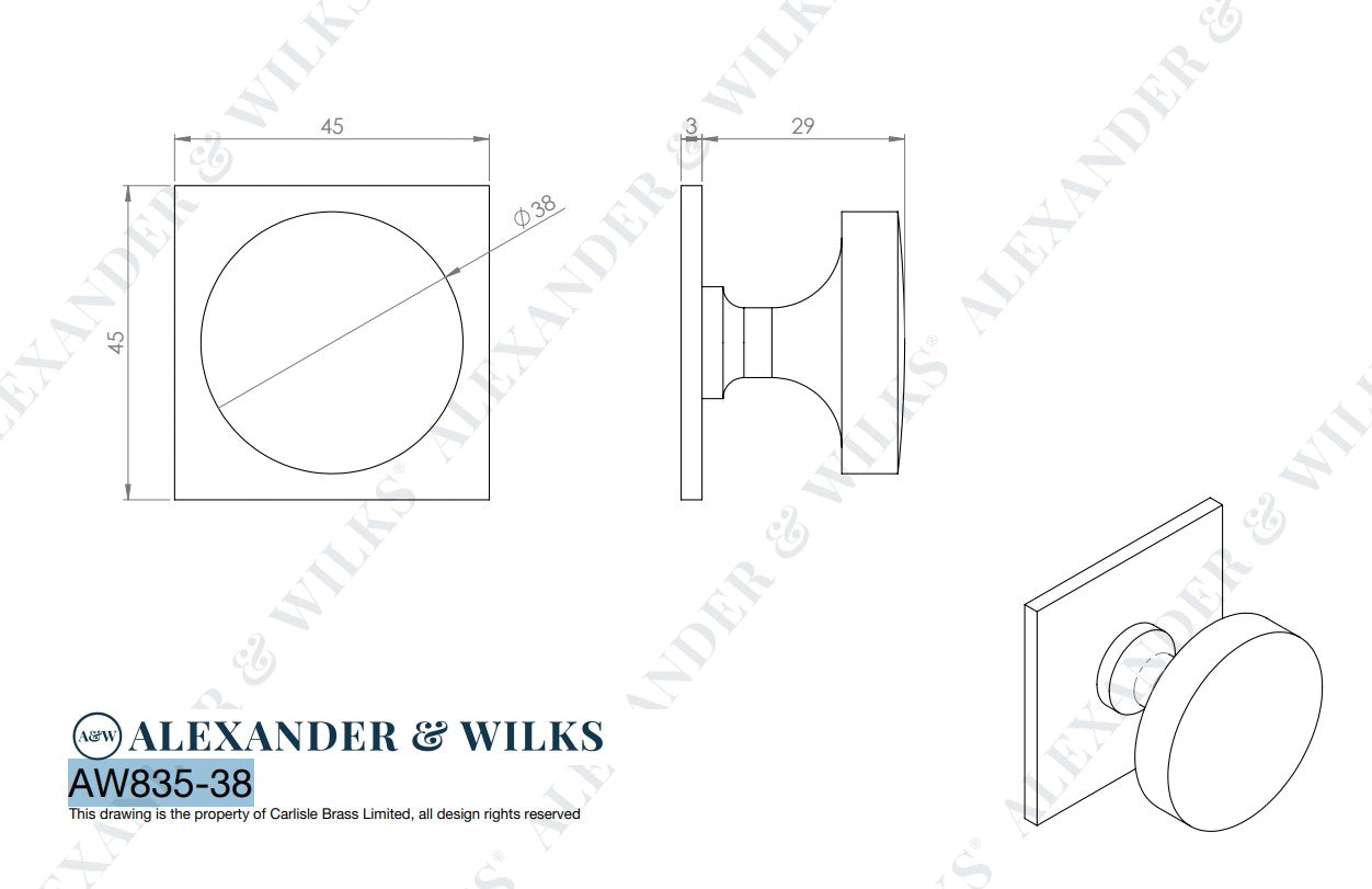 Bullion Cupboard Knob on Square Backplate 38mm Dia.