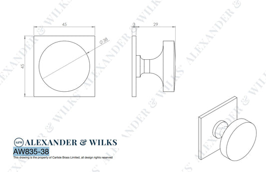 Bullion Cupboard Knob on Square Backplate 38mm Dia.