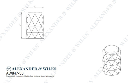 Diamond Cut Cylinder Cabinet Knob 30mm Dia.