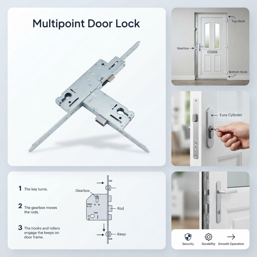 Key Wind Latch 3 Deadbolts Multipoint Door Lock