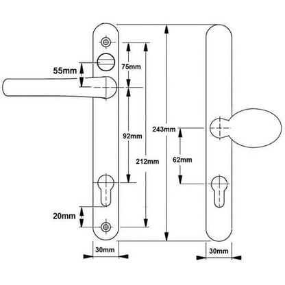 Balmoral Lever Moveable Pad UPVC Multipoint Door Handles - with Snib 92mm/62mm Sprung 212mm Screw Centres