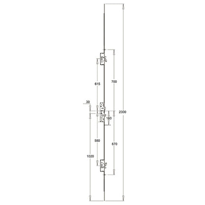 Latch 3 Hooks 2 Anti Lift Pins 3 Rollers Multipoint Door Lock - Option 2 (top hook to spindle = 615mm)