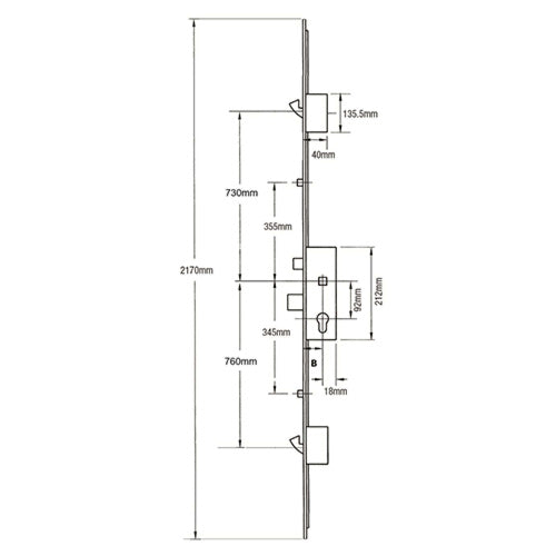Latch Deadbolt 2 Rollers 2 Hooks Key Wind Operated Multipoint Door Lock (top hook to spindle = 730mm)