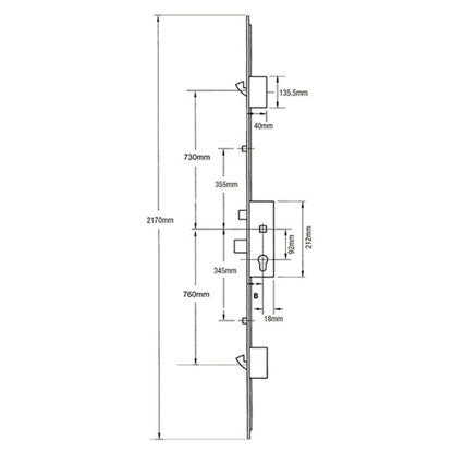 Latch Deadbolt 2 Rollers 2 Hooks Key Wind Operated Multipoint Door Lock (top hook to spindle = 730mm)