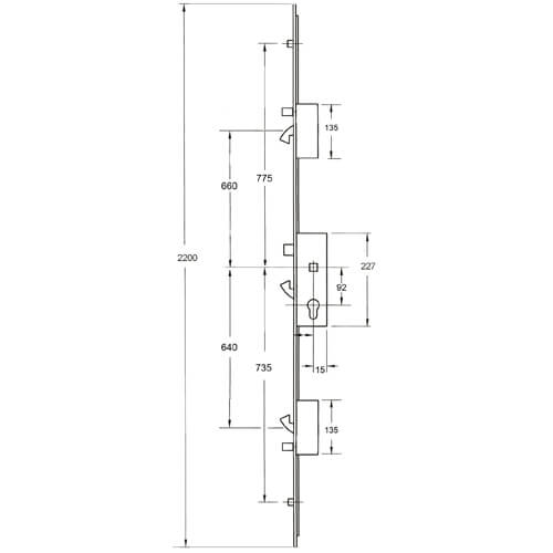 XL Latch 3 Hooks 2 Anti Lift Pins 2 Rollers Multipoint Door Lock - Option 2 (top hook to spindle = 660mm)