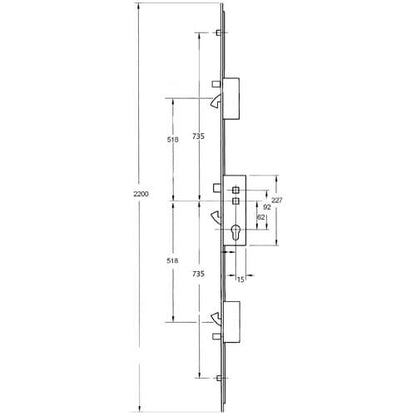 XL Latch 3 Hooks 2 Anti Lift Pins 2 Rollers Multipoint Door Lock - Option 1 (top hook to spindle = 518mm)