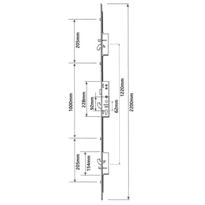 XL Latch 3 Hooks 2 Anti-Lift Pins 4 Rollers Multipoint Door Lock (top hook to spindle = 630mm)