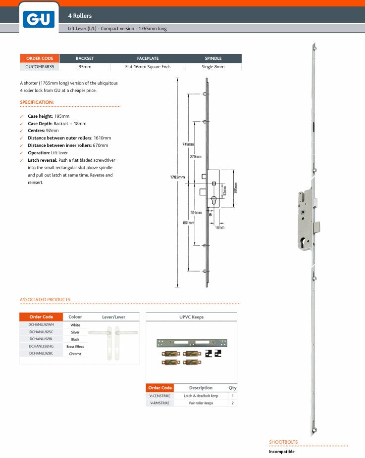 Europa Compact Latch Deadbolt 4 Rollers Lift Lever Multipoint Door Lock