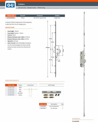 Europa Compact Latch Deadbolt 4 Rollers Lift Lever Multipoint Door Lock