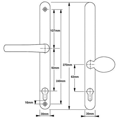 London Lever Moveable Pad UPVC Multipoint Door Handles - 92mm/62mm PZ Sprung 240mm Screw Centres