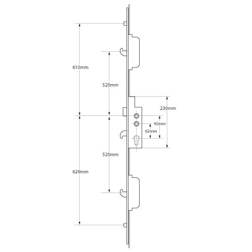Latch 3 Hook 2 Roller Double Spindle Multipoint Door Lock (top hook to spindle = 710mm)