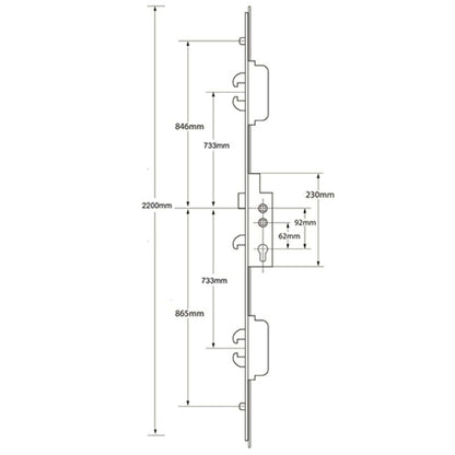 Duplex Latch 5 Hook 2 Roller Double Spindle Multipoint Door Lock (top hook to spindle = 733mm)