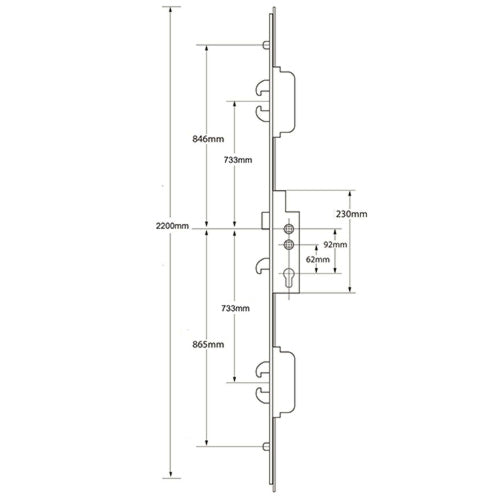 Duplex Latch 5 Hook 2 Roller Double Spindle Multipoint Door Lock (top hook to spindle = 733mm)