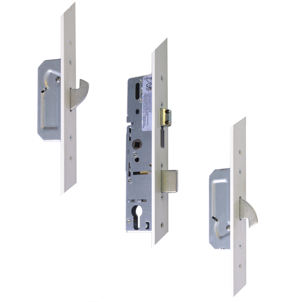 Trimlock Lever Operated Latch & Deadbolt Split Spindle With 2 Hooks & 44mm White Faceplate