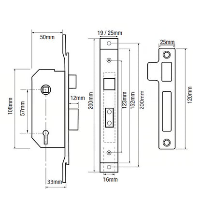M5 Non British Standard 5 Lever 2" Cranked 19mm Extended Forend Mortice Sashlock