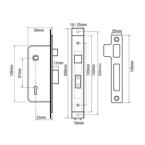 M5 Non British Standard 5 Lever 2" Straight 19mm Extended Forend Mortice Sashlock