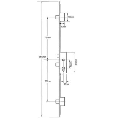 Latch 3 Drop Bolts Key Wind Operated Multipoint Door Lock - U-Rail 22mm Faceplate