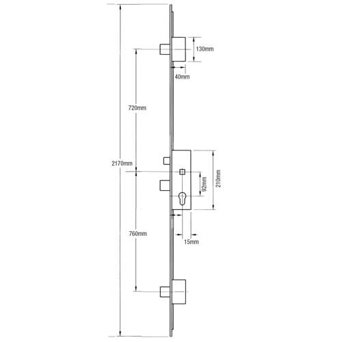 Latch 3 Drop Bolts Key Wind Operated Multipoint Door Lock - Flat 16mm or 20mm Faceplate