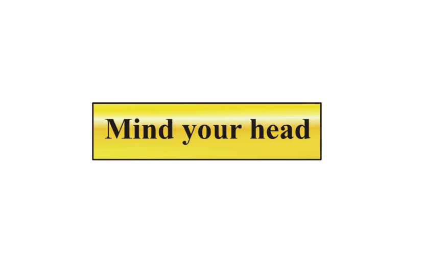 ASEC `Mind Your Head` 200mm x 50mm Gold Self Adhesive Sign