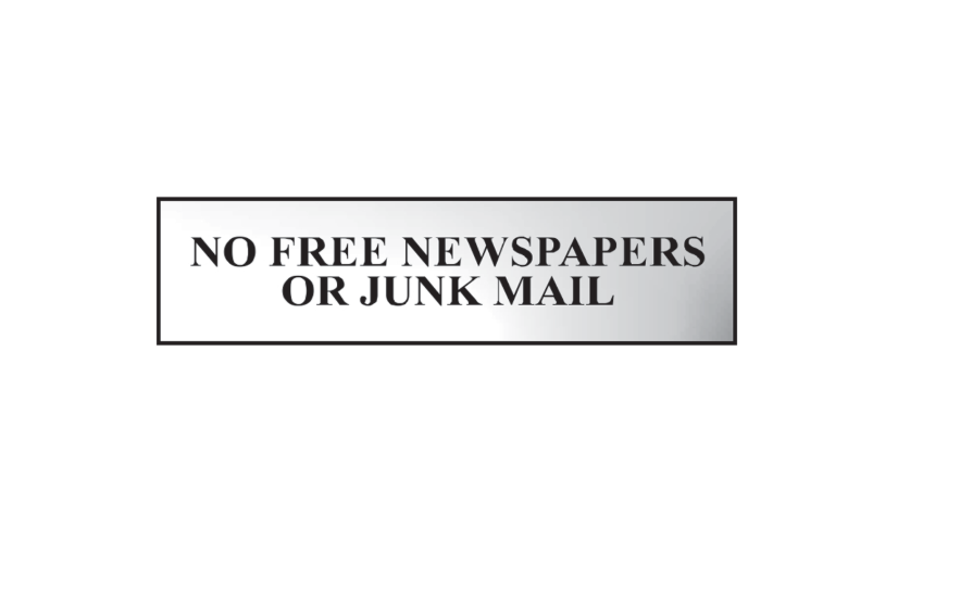 ASEC `No Free Newspapers or Junk Mail` 200mm x 50mm Metal Strip Self Adhesive Sign Chrome