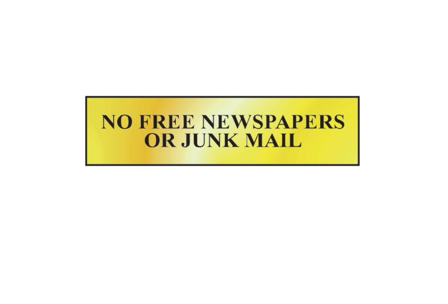 ASEC `No Free Newspapers or Junk Mail` 200mm x 50mm Metal Strip Self Adhesive Sign Gold
