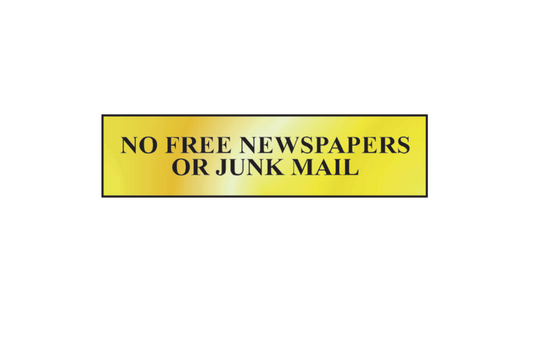 ASEC `No Free Newspapers or Junk Mail` 200mm x 50mm Metal Strip Self Adhesive Sign Gold