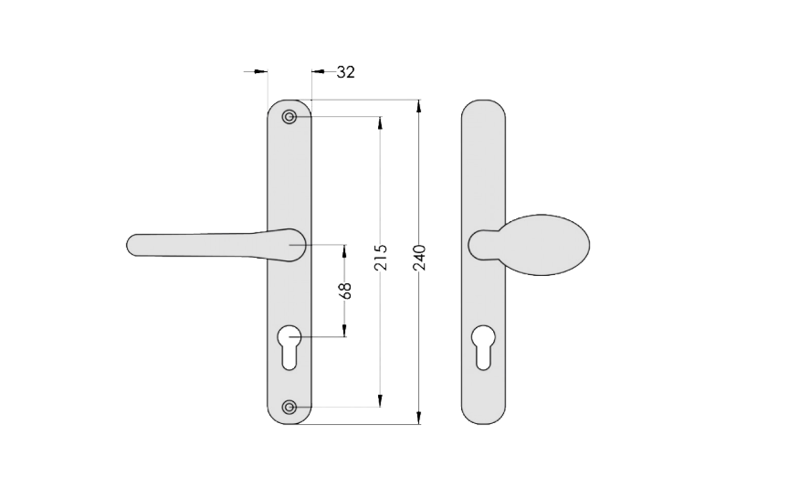 ASEC Sprung Lever/Moveable Pad Multipoint Door Handles 68mm PZ 210mm Fixings With Snib
