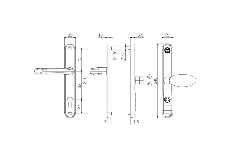 MILA Kite Secure TS007 2 Star Sprung PAS24 Lever/Moveable Pad Multipoint Door Handles 92mm & 62mm PZ 211mm Fixings