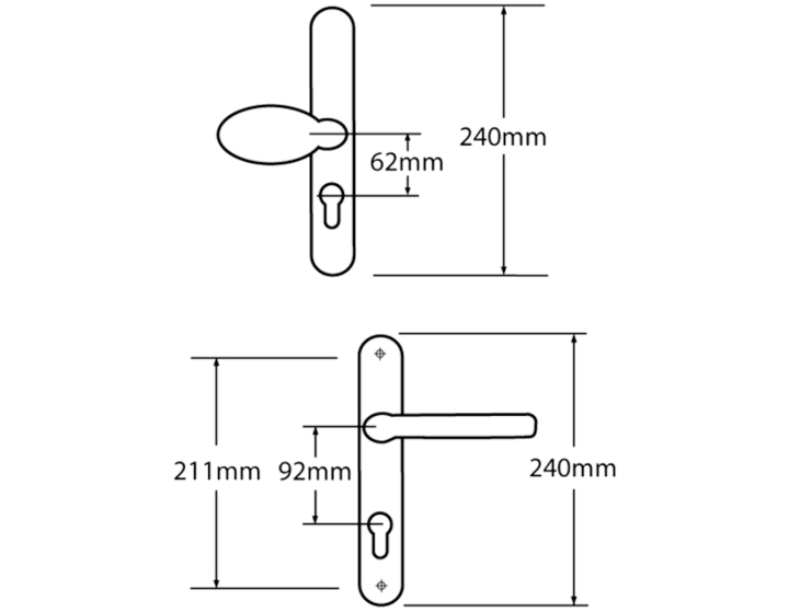 MILA Prolinea Sprung Lever/Moveable Pad Multipoint Door Handles 92mm & 62mm PZ 240mm Backplate 211mm Fixings