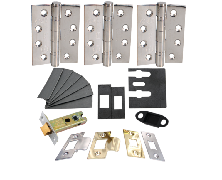 ECLIPSE Internal Fire Door Latch Pack With Hinges (Grade 13), Latch (76mm) & Intumescent