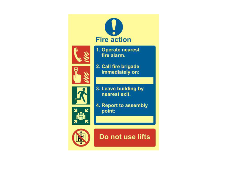 ASEC Fire Action Procedure 200mm x 300mm PVC Self Adhesive Photo luminescent Sign