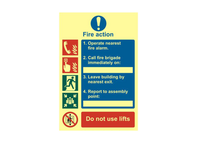 ASEC Fire Action Procedure 200mm x 300mm PVC Self Adhesive Photo luminescent Sign