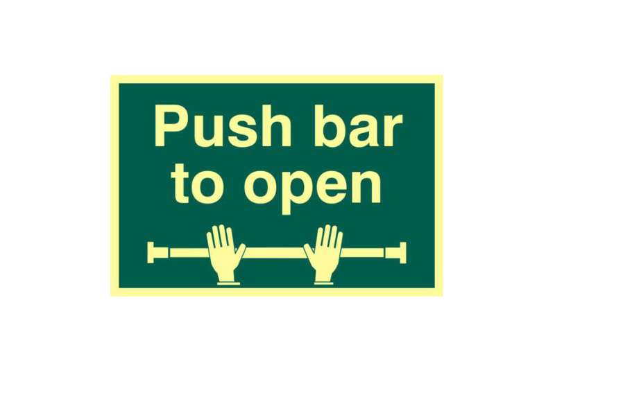 ASEC `Push Bar To Open` 200mm x 300mm PVC Self Adhesive Photo luminescent Sign