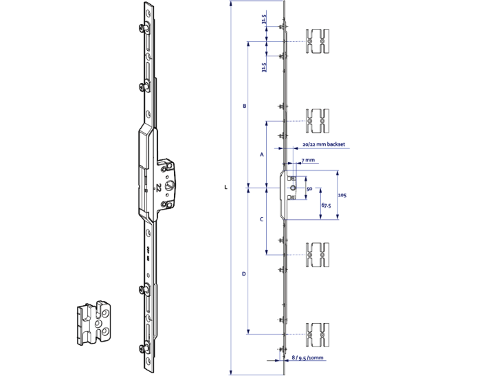 Fixed Twin Espag Rod 8mm Cam 20mm Backset
