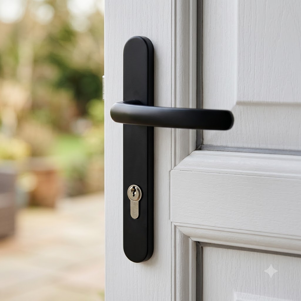 Lever UPVC Multipoint Door Handles - 92mm PZ - Sprung - 203mm Screw Centres - 232mm Backplate