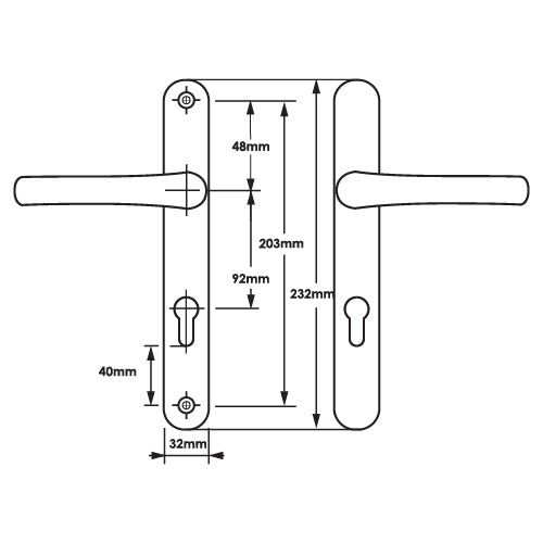 Lever UPVC Multipoint Door Handles - 92mm PZ - Sprung - 203mm Screw Centres - 232mm Backplate