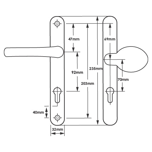Moveable Pad Offset UPVC Multipoint Door Handles - 92/70mm PZ - Sprung - 203mm Screw Centres