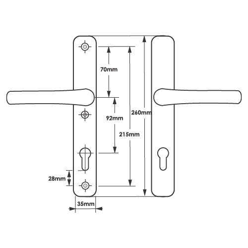 Lever UPVC Multipoint Door Handles - 92mm PZ Sprung - 215mm Screw Centres - 260mm Long Backplate - 3x Fixing Points