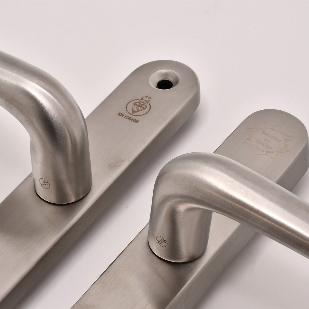 TS007 2 Star Grade 304 Stainless Steel Lever Lever UPVC Multipoint Door Handles - 92mm PZ Sprung 210mm Screw Centres