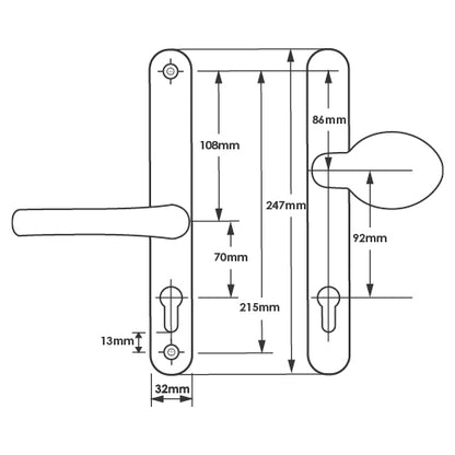 Moveable Pad Offset UPVC Multipoint Door Handles - 70/92mm PZ - Sprung - 215mm Screw Centres