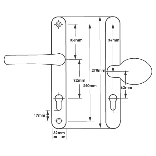 Moveable Pad Offset UPVC Multipoint Door Handles - 92/62mm PZ - Sprung - 240mm Screw Centres