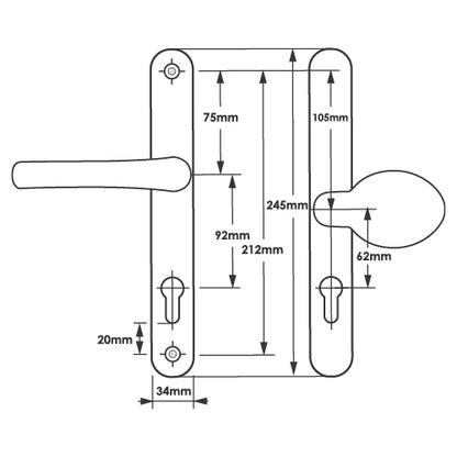 Moveable Pad UPVC Multipoint Door Handles - 92mm/62mm PZ Sprung 212mm Screw Centres