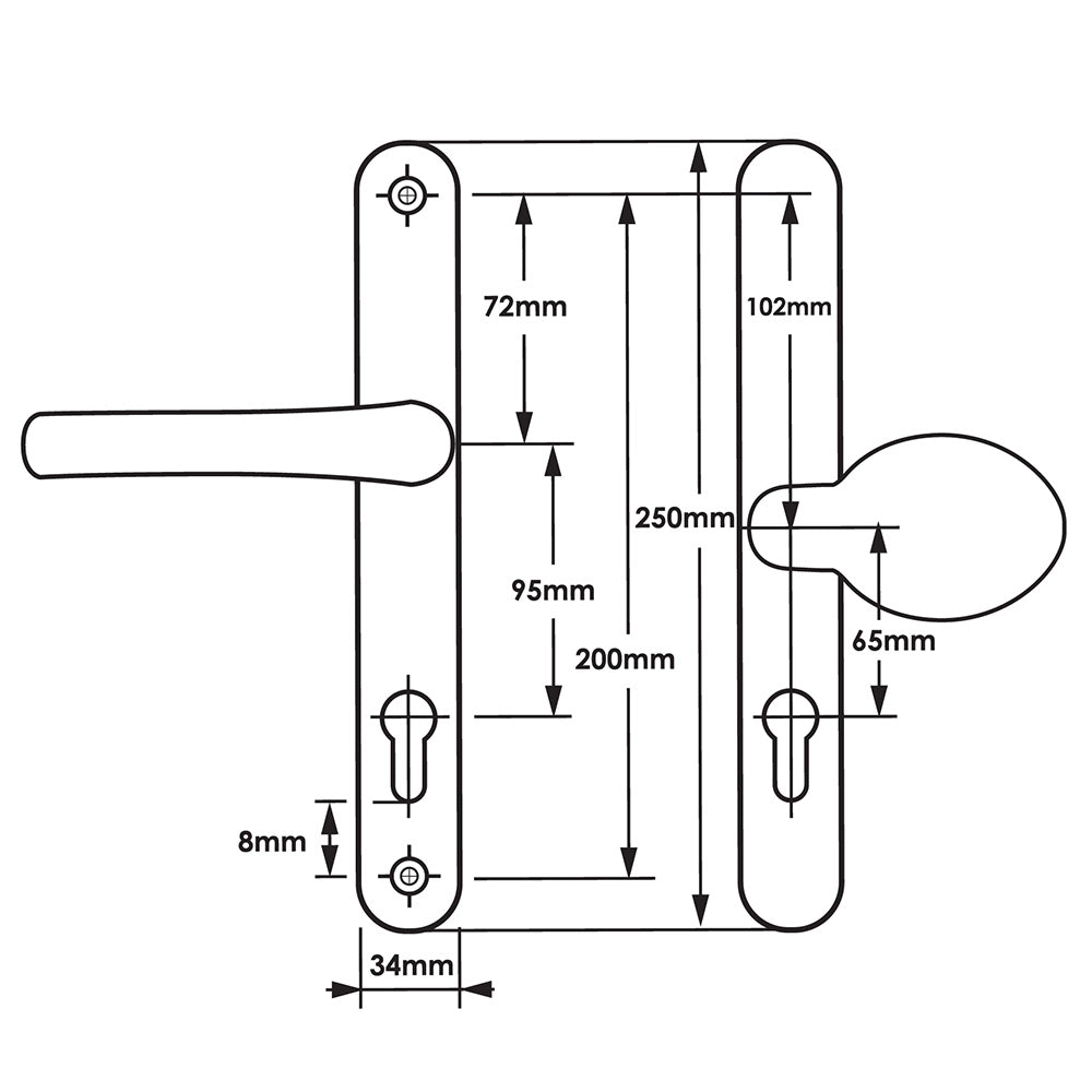 Offset Lever Moveable Pad Multipoint Door Handles - 95/65mm PZ - Sprung - 200mm Screw Centres
