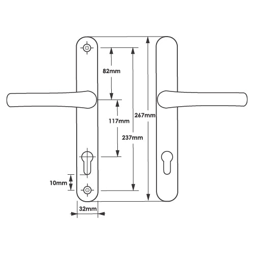 Lever UPVC Multipoint Door Handles - 117mm PZ - Sprung - 237mm Screw Centres - 267mm Backplate
