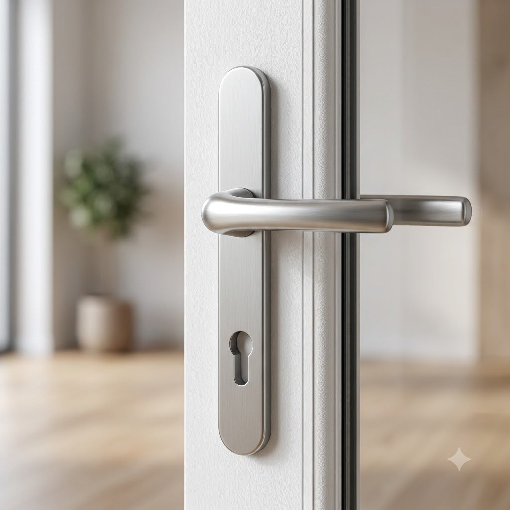 Grade 304 Stainless Steel Lever Moveable Pad Offset UPVC Multipoint Door Handles - 92/62mm PZ Sprung 210mm Screw Centres