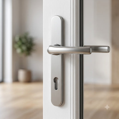 Grade 304 Stainless Steel Lever Moveable Pad Offset UPVC Multipoint Door Handles - 92/62mm PZ Sprung 210mm Screw Centres