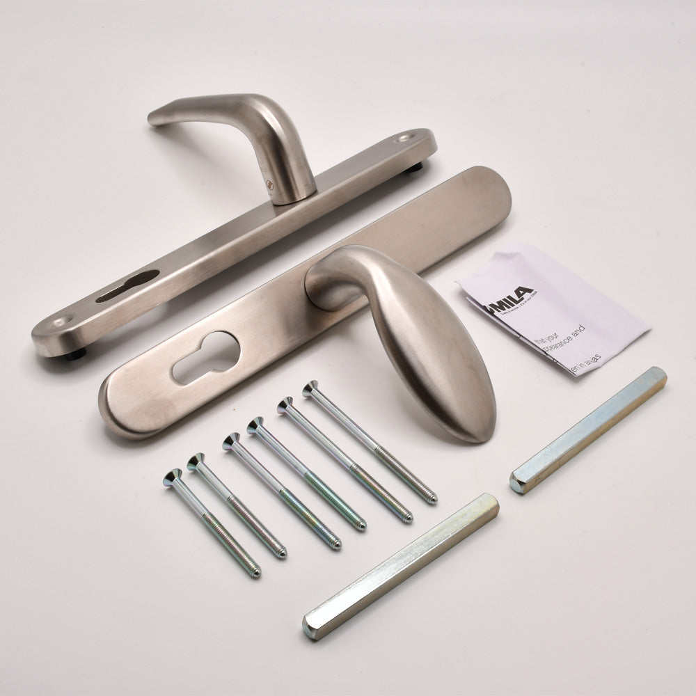 Grade 304 Stainless Steel Lever Moveable Pad Offset UPVC Multipoint Door Handles - 92/62mm PZ Sprung 210mm Screw Centres