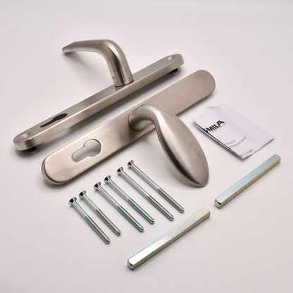 Grade 304 Stainless Steel Lever Moveable Pad Offset UPVC Multipoint Door Handles - 92/62mm PZ Sprung 210mm Screw Centres