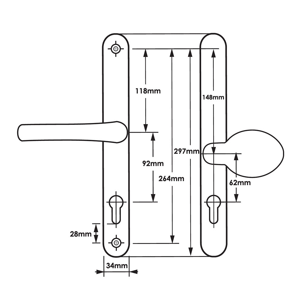 Moveable Pad Offset UPVC Multipoint Door Handles - 92/62mm PZ - Sprung - 264mm Screw Centres